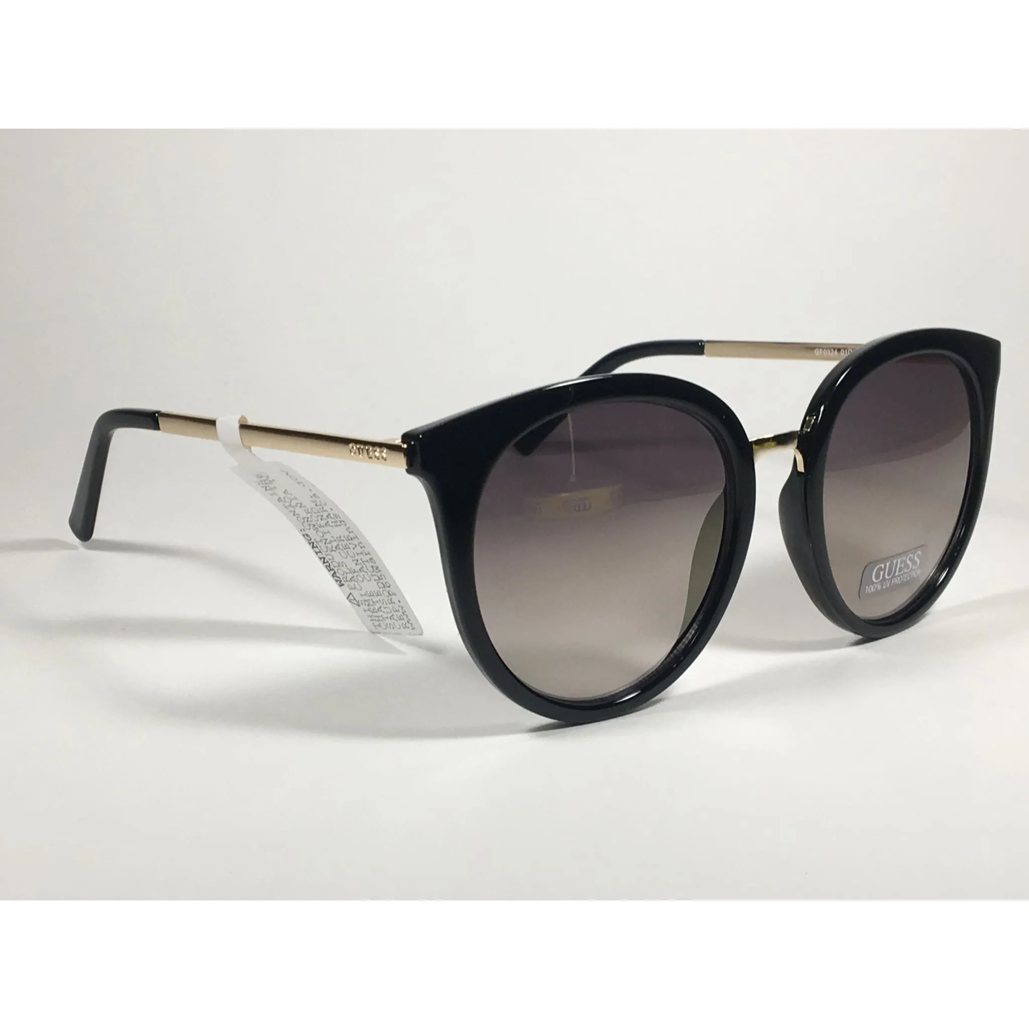 Guess Large Round Sunglasses Gold Tone Black Frame Brown Smoke Gradient Lens With Gold Flash GF0324 01C