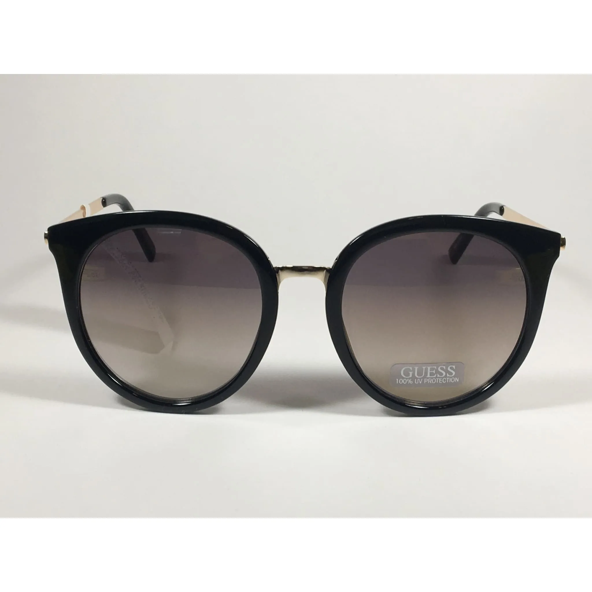 Guess Large Round Sunglasses Gold Tone Black Frame Brown Smoke Gradient Lens With Gold Flash GF0324 01C
