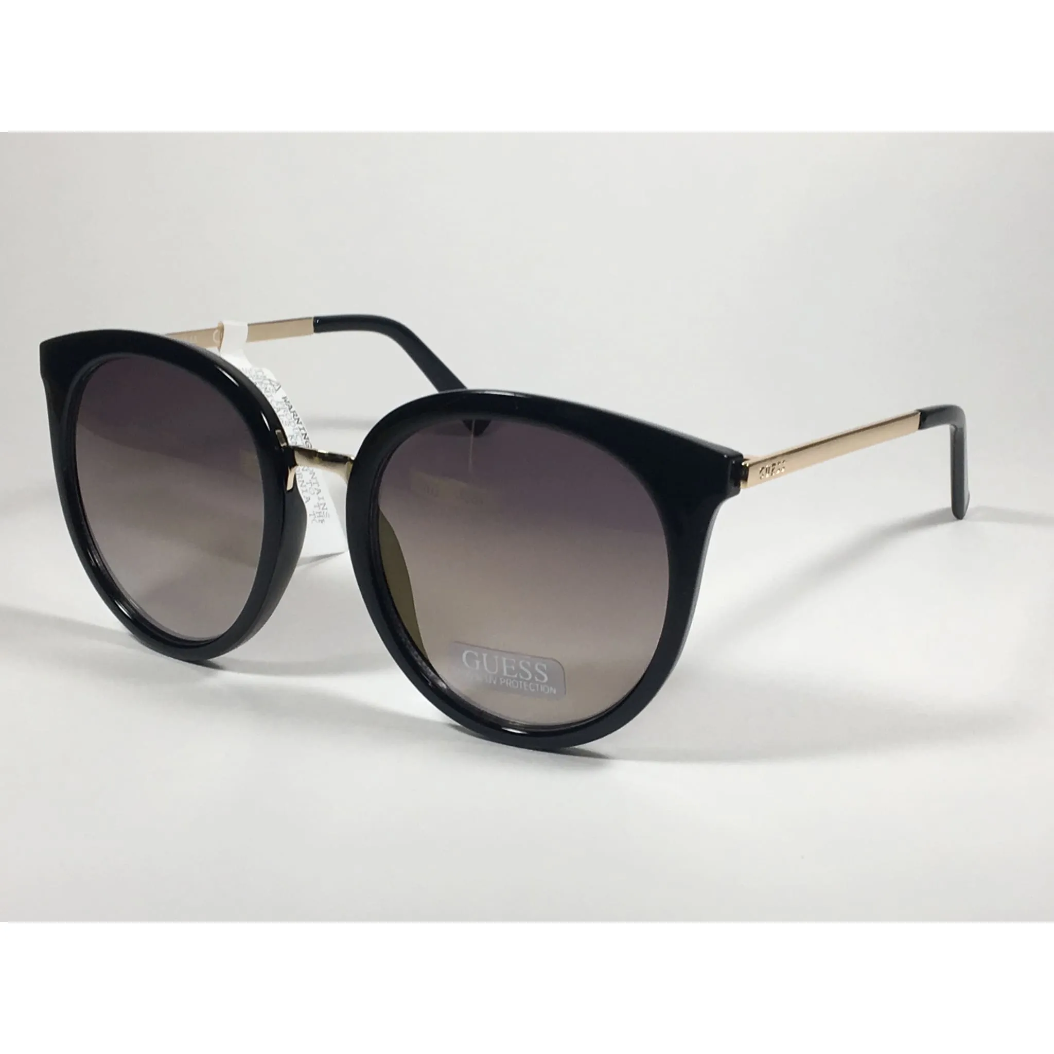 Guess Large Round Sunglasses Gold Tone Black Frame Brown Smoke Gradient Lens With Gold Flash GF0324 01C