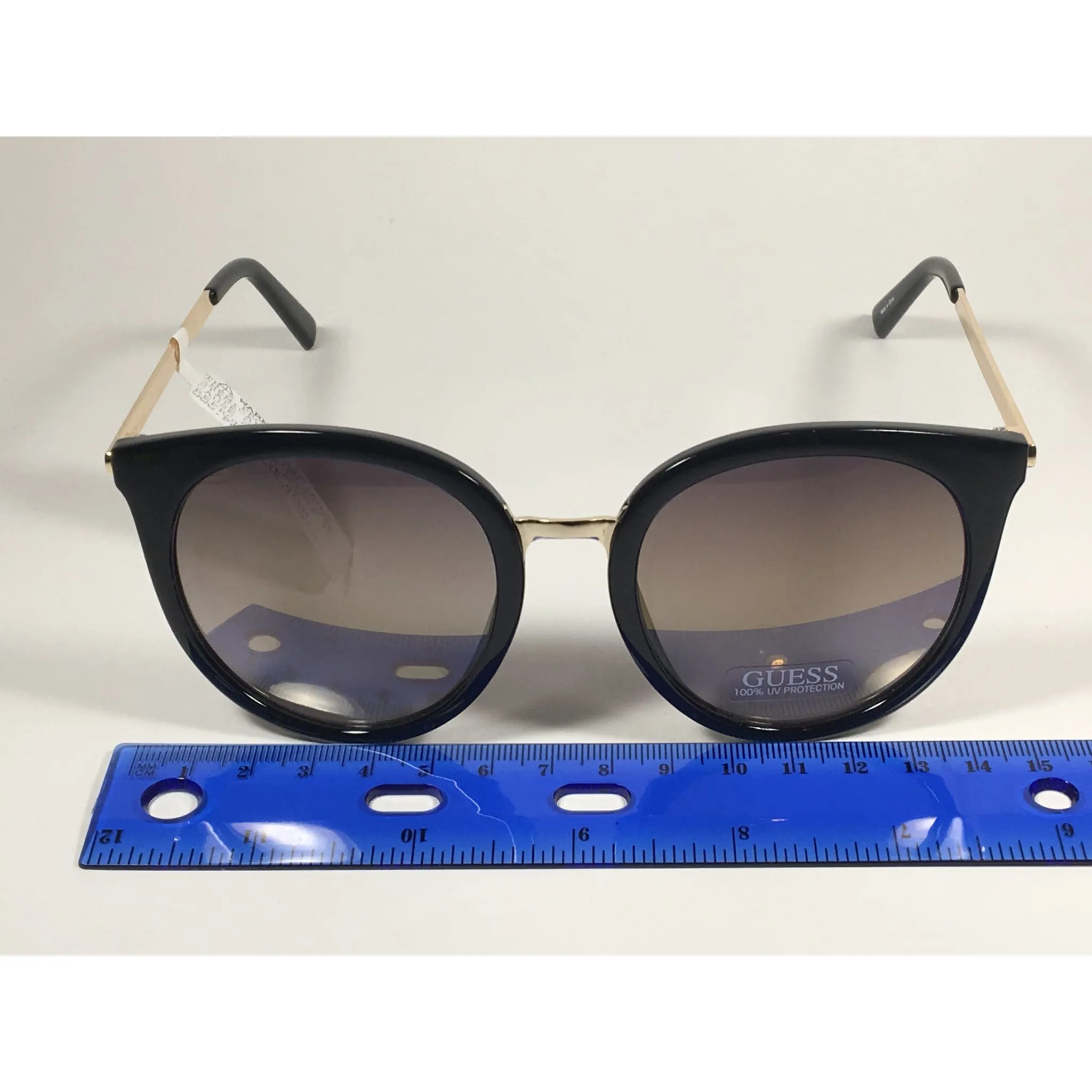 Guess Large Round Sunglasses Gold Tone Black Frame Brown Smoke Gradient Lens With Gold Flash GF0324 01C