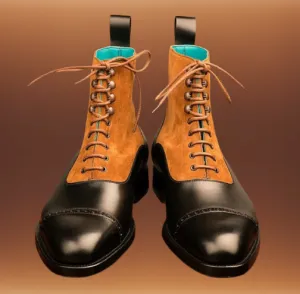 Handmade Black Leather and Tan Suede Ankle Boots