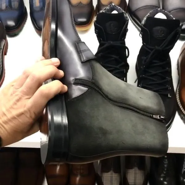 Handmade Black Suede and Leather Ankle Boots with Zip Closure