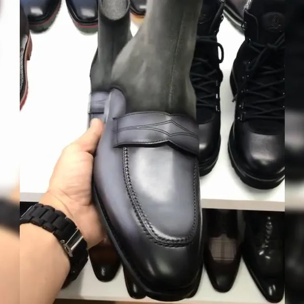 Handmade Black Suede and Leather Ankle Boots with Zip Closure