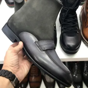 Handmade Black Suede and Leather Ankle Boots with Zip Closure