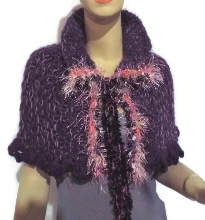 Handmade knit alpaca capelet, shoulder warmer, purple alpaca, The grapes capelet.