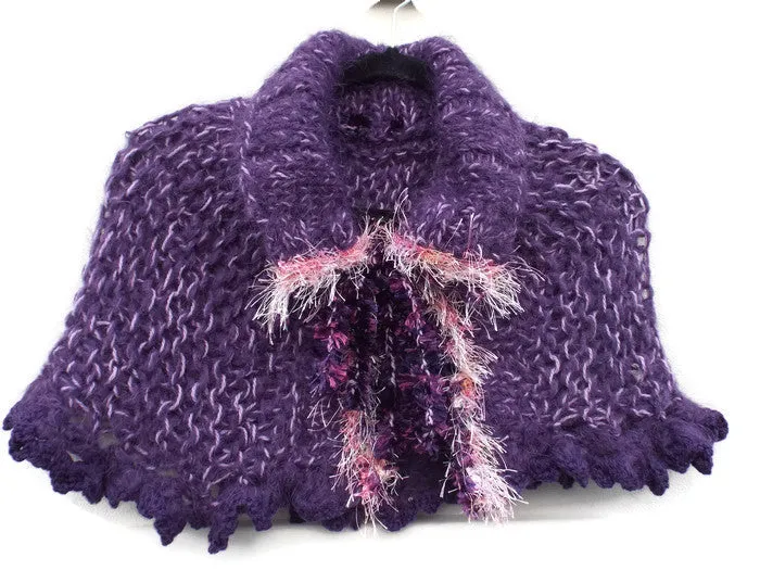 Handmade knit alpaca capelet, shoulder warmer, purple alpaca, The grapes capelet.