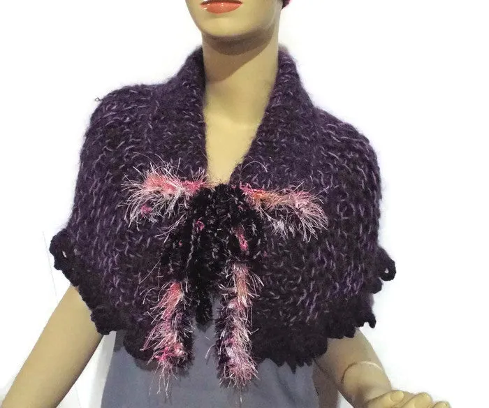 Handmade knit alpaca capelet, shoulder warmer, purple alpaca, The grapes capelet.