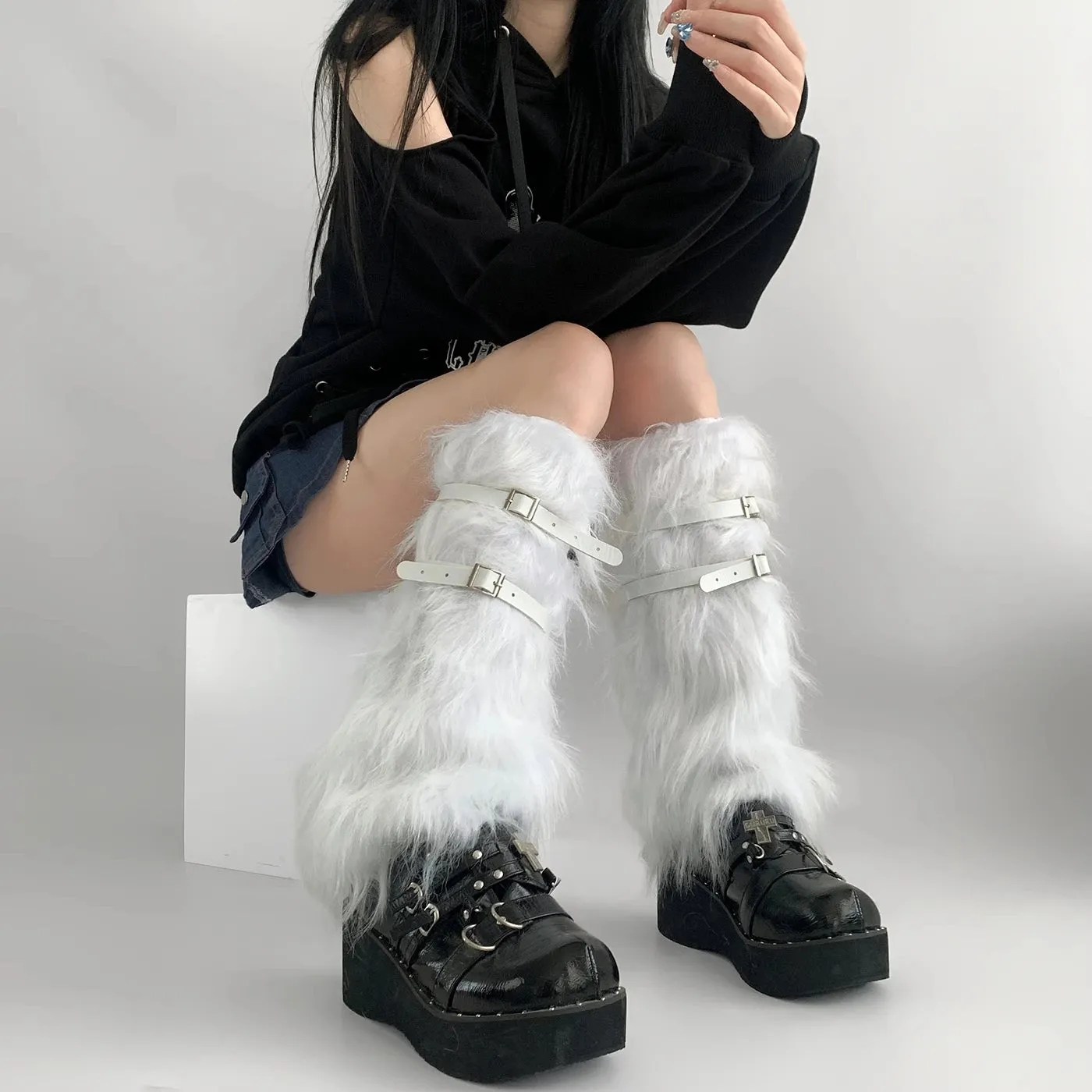 Harajuku Punk Leather Belt Fur Leg Warmers – Cozy Thick Imitation Rabbit Leggings Boots Covers
