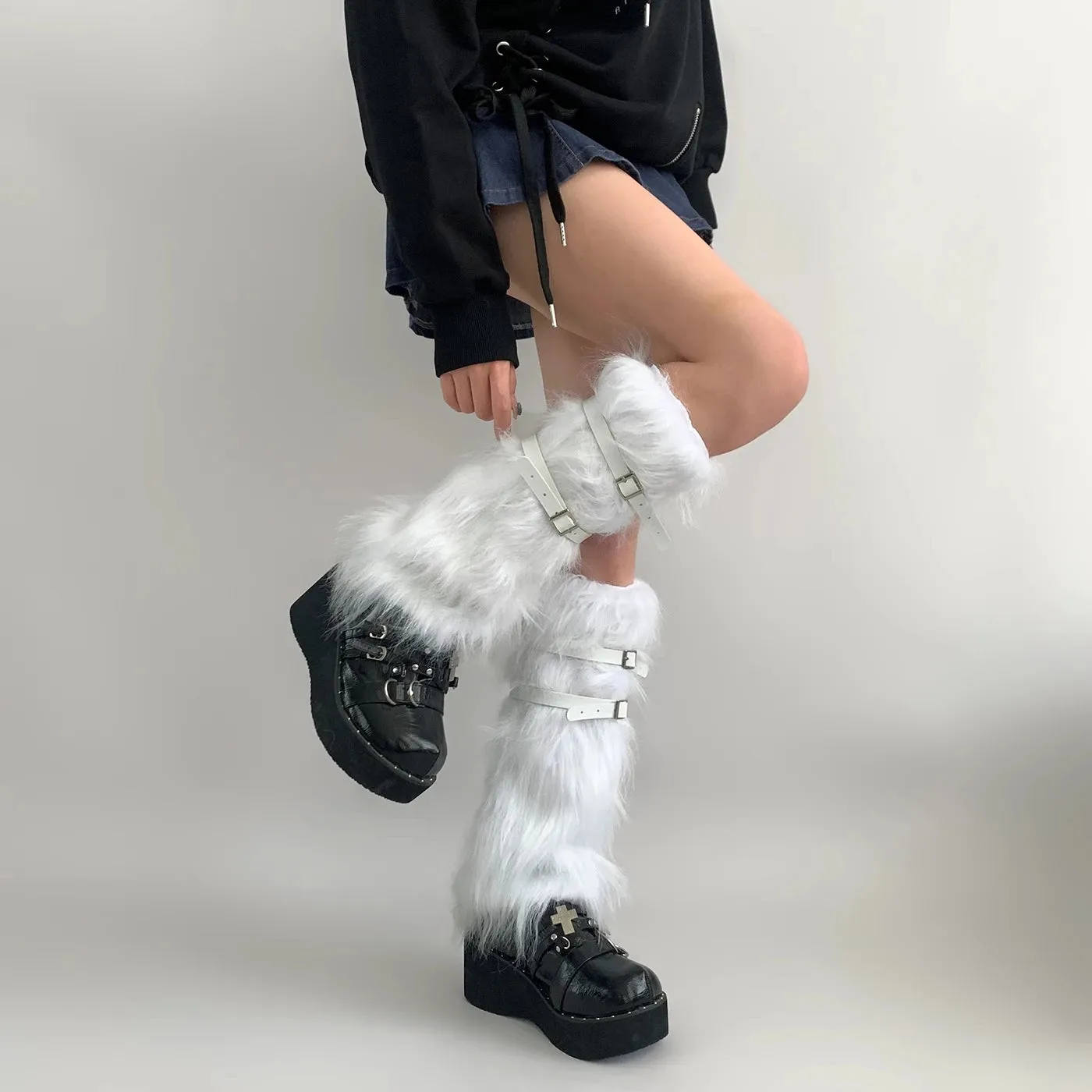 Harajuku Punk Leather Belt Fur Leg Warmers – Cozy Thick Imitation Rabbit Leggings Boots Covers