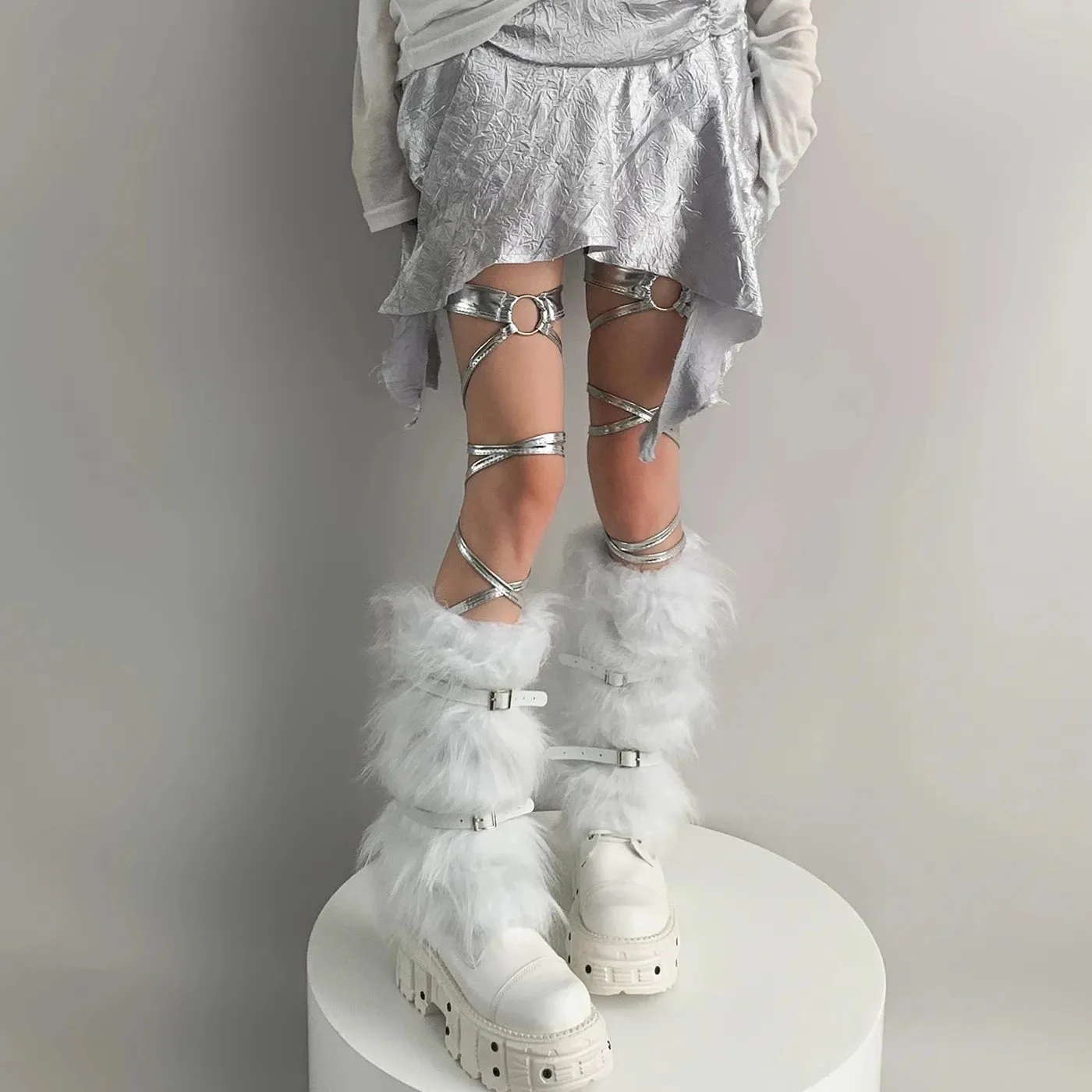 Harajuku Punk Leather Belt Fur Leg Warmers – Cozy Thick Imitation Rabbit Leggings Boots Covers