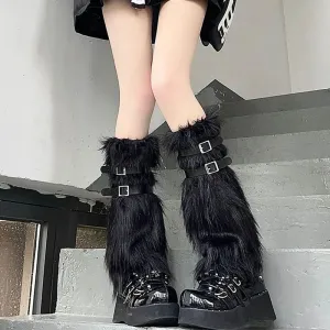 Harajuku Punk Leather Belt Fur Leg Warmers – Cozy Thick Imitation Rabbit Leggings Boots Covers