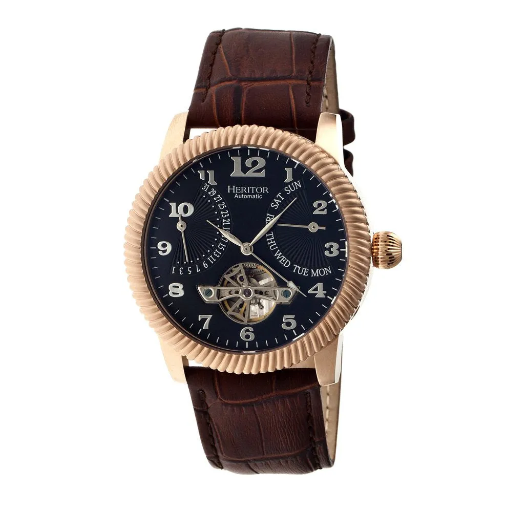 Heritor Piccard Automatic Semi-Skeleton Leather-Band Watch