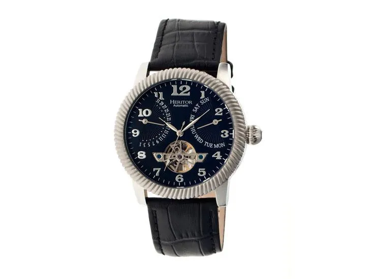 Heritor Piccard Automatic Semi-Skeleton Leather-Band Watch