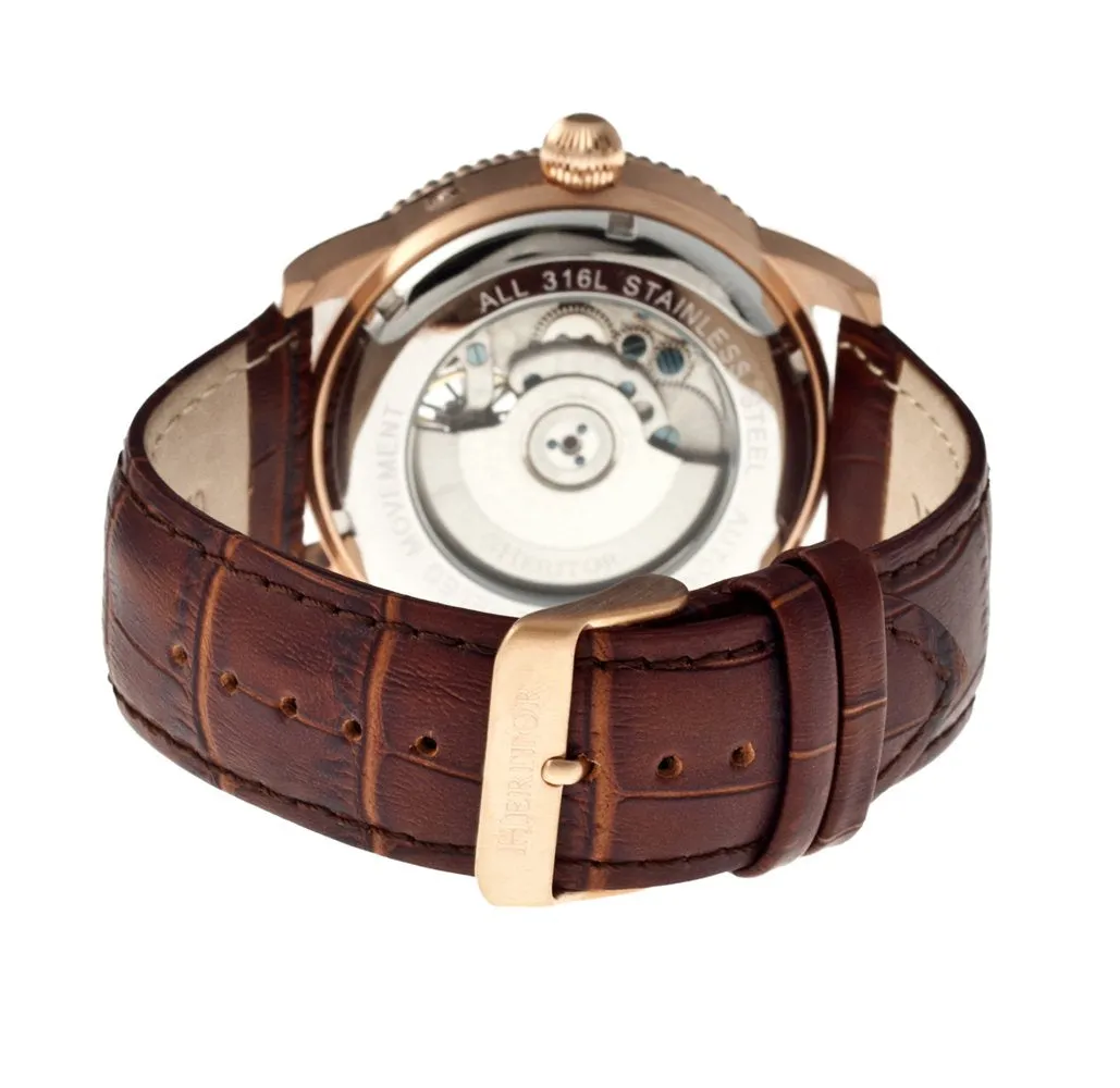 Heritor Piccard Automatic Semi-Skeleton Leather-Band Watch