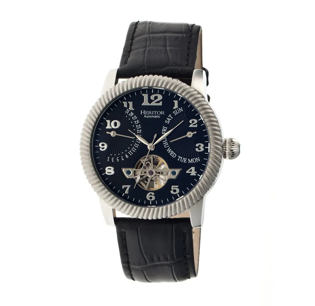 Heritor Piccard Automatic Semi-Skeleton Leather-Band Watch