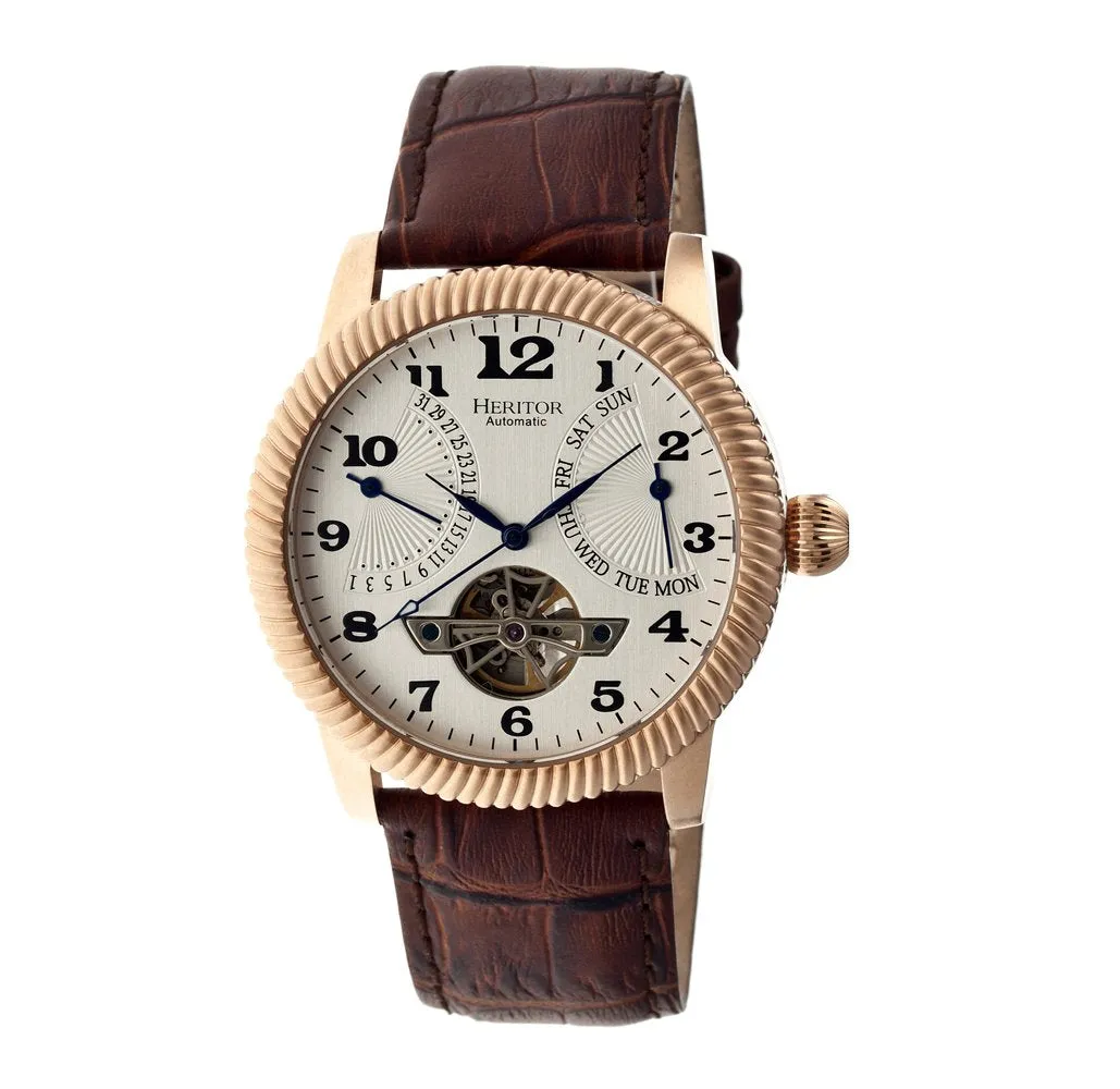 Heritor Piccard Automatic Semi-Skeleton Leather-Band Watch