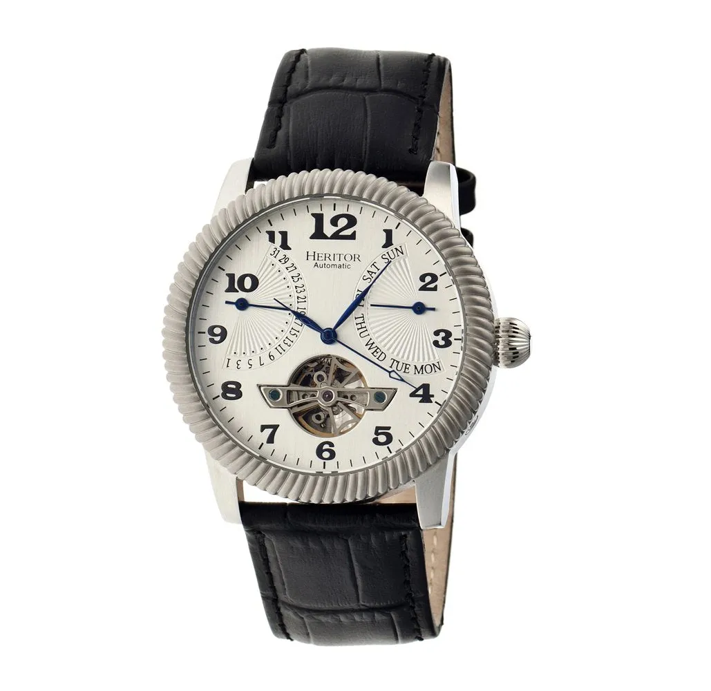 Heritor Piccard Automatic Semi-Skeleton Leather-Band Watch