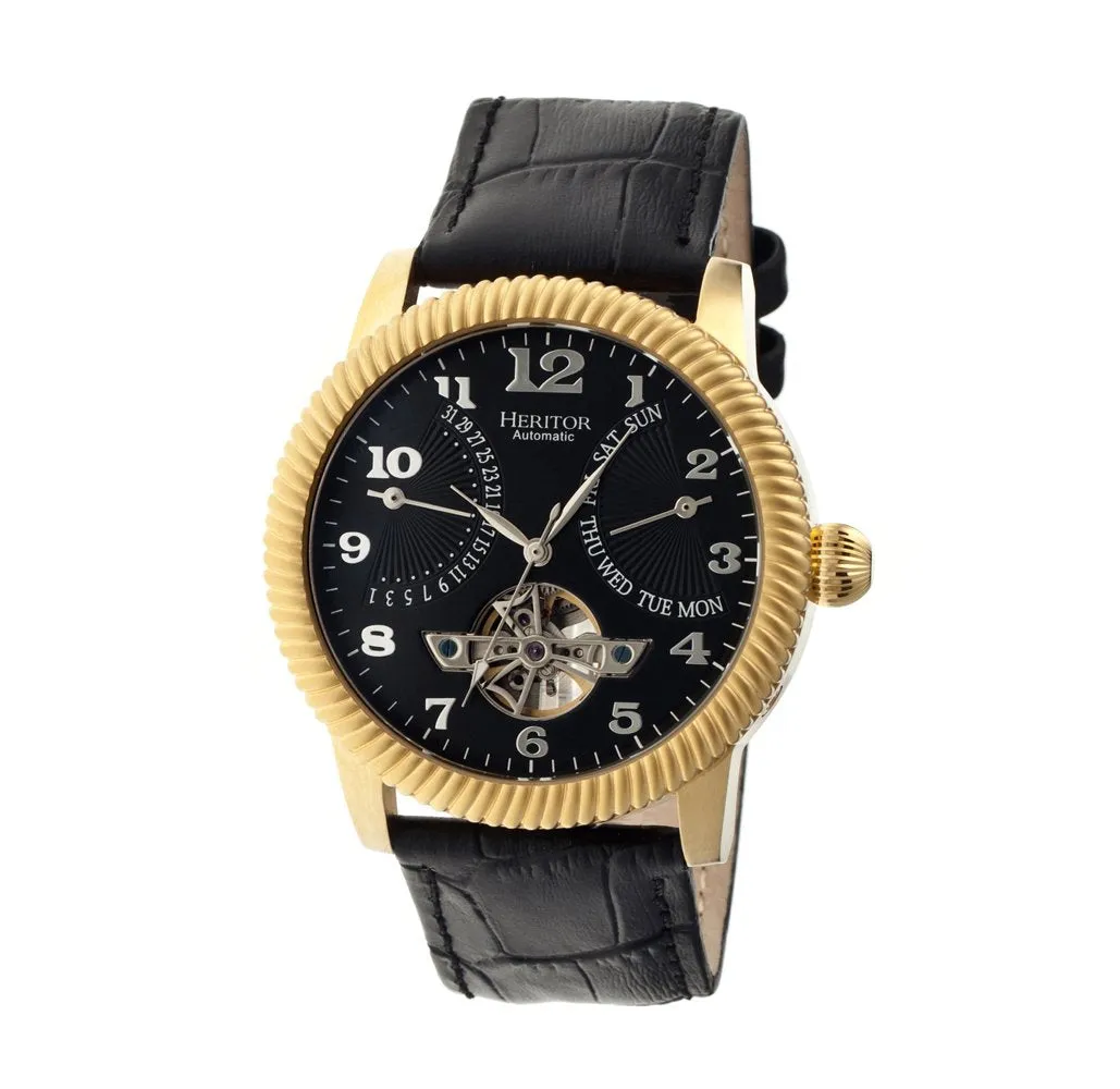 Heritor Piccard Automatic Semi-Skeleton Leather-Band Watch