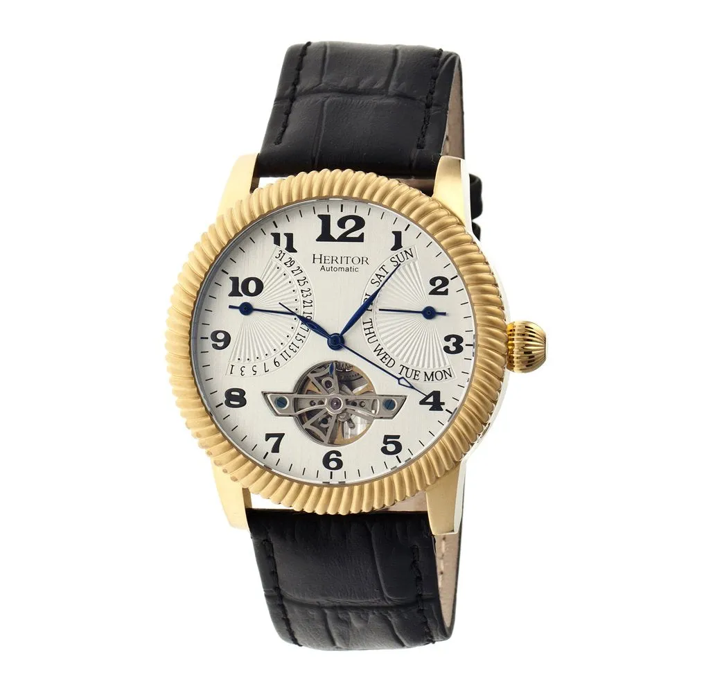 Heritor Piccard Automatic Semi-Skeleton Leather-Band Watch