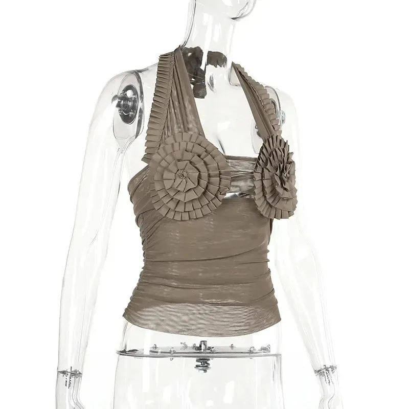 Hollow Out Frill Mesh Crop Top – See-Through Y2K Halter, Ruched Backless Clubwear