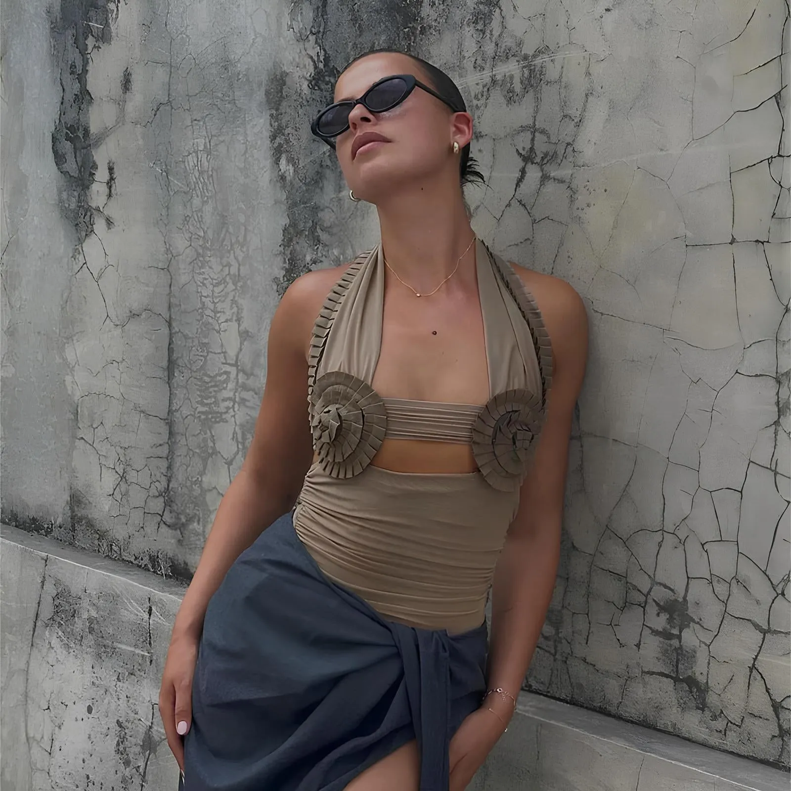 Hollow Out Frill Mesh Crop Top – See-Through Y2K Halter, Ruched Backless Clubwear