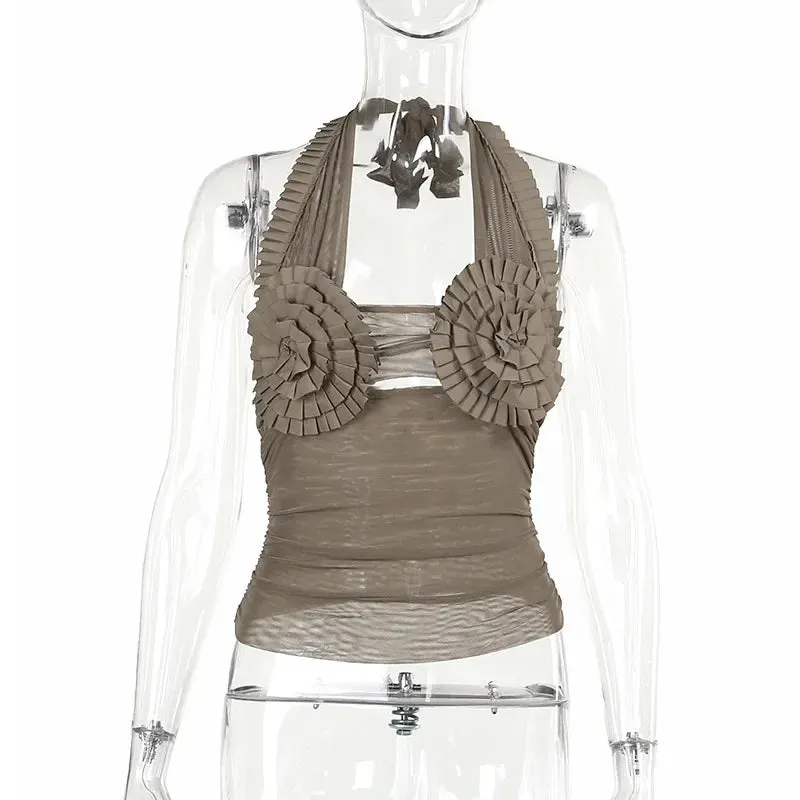 Hollow Out Frill Mesh Crop Top – See-Through Y2K Halter, Ruched Backless Clubwear