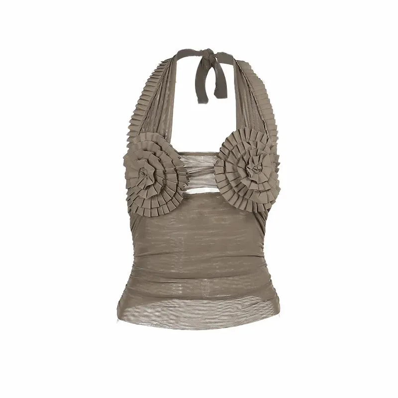 Hollow Out Frill Mesh Crop Top – See-Through Y2K Halter, Ruched Backless Clubwear