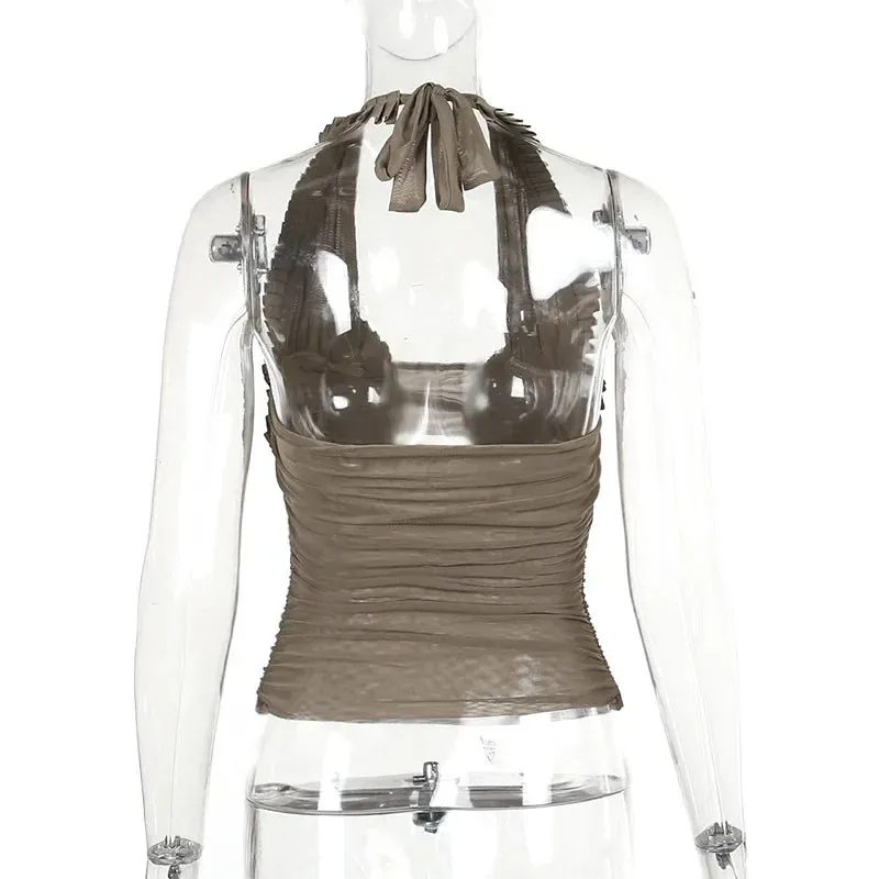 Hollow Out Frill Mesh Crop Top – See-Through Y2K Halter, Ruched Backless Clubwear