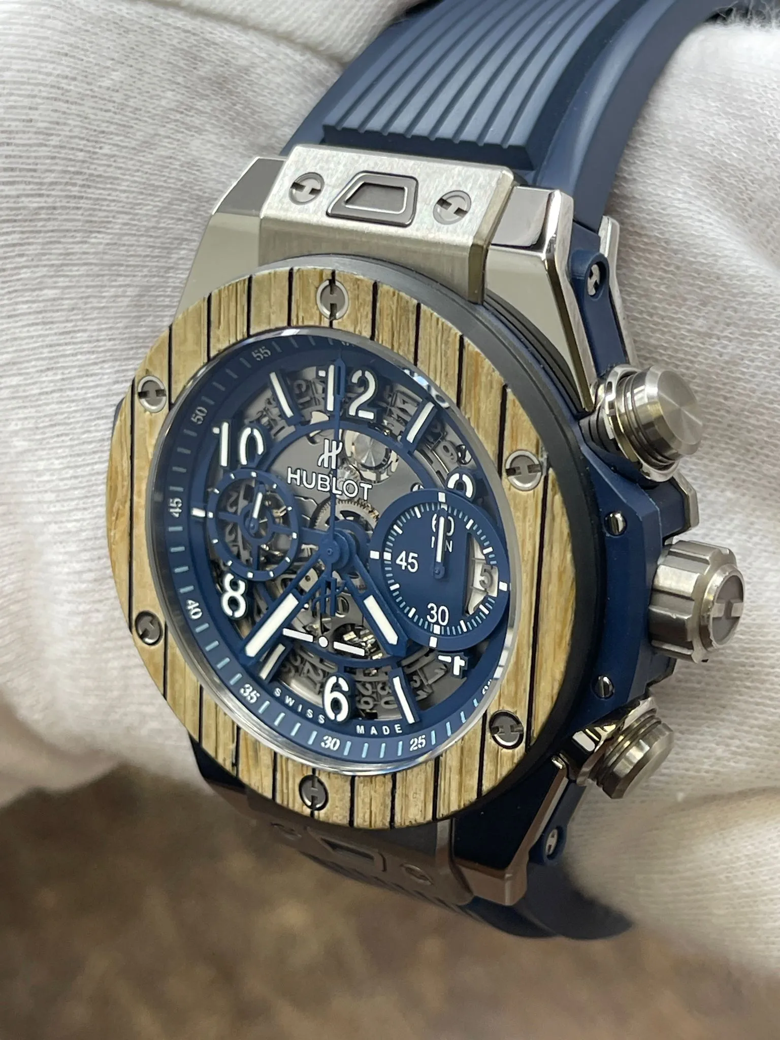 Hublot Big Bang Unico Chronograph Italy Teak Independent 100pcs L.E 411.NQ.5129.NR.ITI19 Blue Skeleton Dial Automatic Men's Watch
