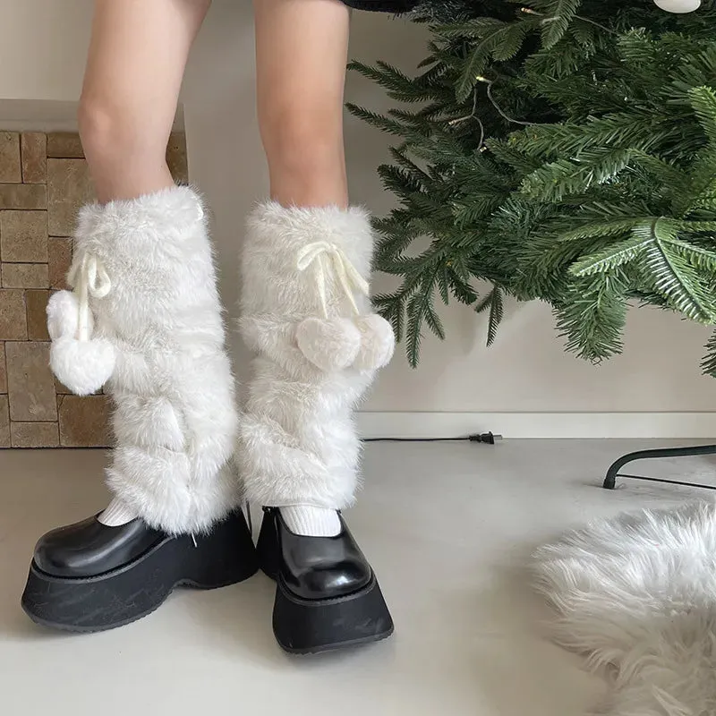 JK White Bow Tie Leg Warmers with Faux Rabbit Fur Ball – Thick Plush Y2K Winter Boots Cover Socks