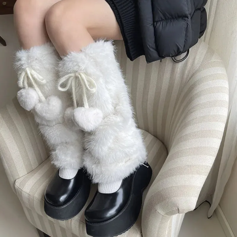 JK White Bow Tie Leg Warmers with Faux Rabbit Fur Ball – Thick Plush Y2K Winter Boots Cover Socks