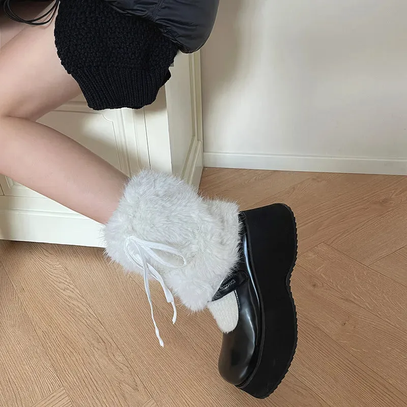 JK White Bow Tie Leg Warmers with Faux Rabbit Fur Ball – Thick Plush Y2K Winter Boots Cover Socks