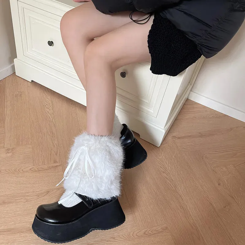 JK White Bow Tie Leg Warmers with Faux Rabbit Fur Ball – Thick Plush Y2K Winter Boots Cover Socks