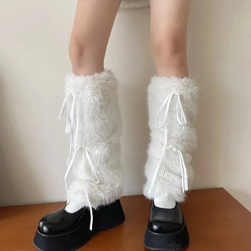 JK White Bow Tie Leg Warmers with Faux Rabbit Fur Ball – Thick Plush Y2K Winter Boots Cover Socks