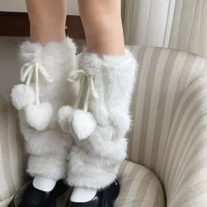JK White Bow Tie Leg Warmers with Faux Rabbit Fur Ball – Thick Plush Y2K Winter Boots Cover Socks