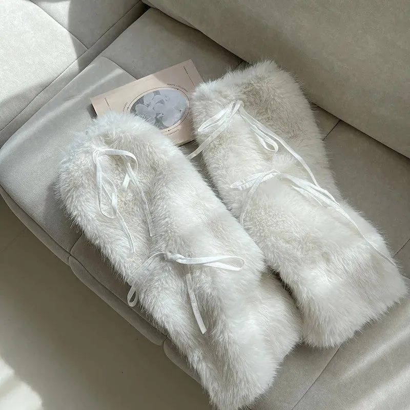 JK White Bow Tie Leg Warmers with Faux Rabbit Fur Ball – Thick Plush Y2K Winter Boots Cover Socks
