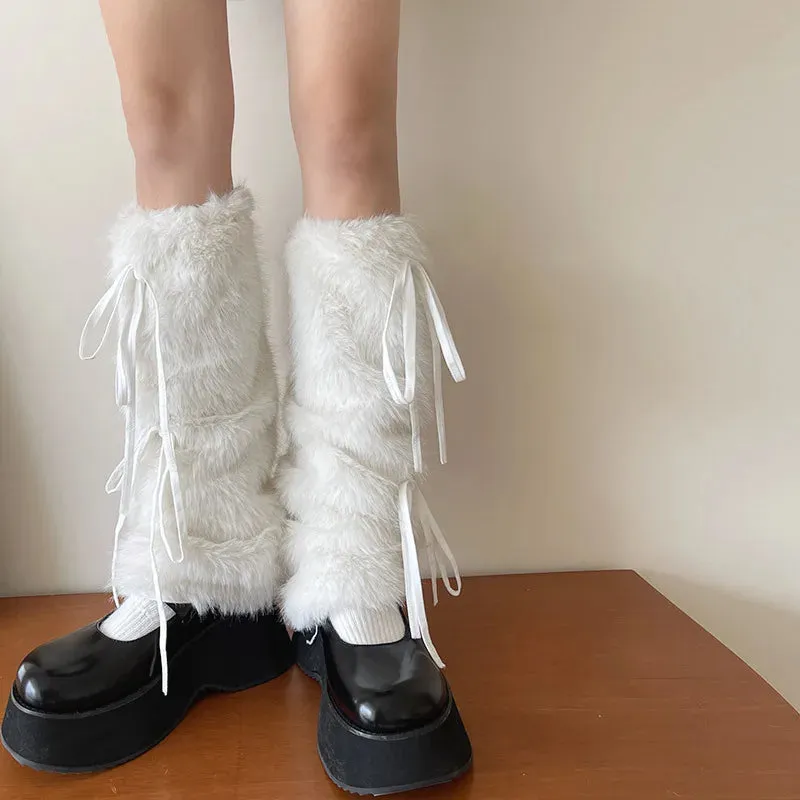 JK White Bow Tie Leg Warmers with Faux Rabbit Fur Ball – Thick Plush Y2K Winter Boots Cover Socks