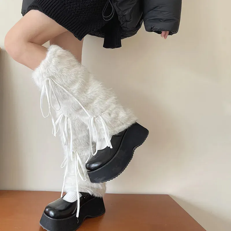 JK White Bow Tie Leg Warmers with Faux Rabbit Fur Ball – Thick Plush Y2K Winter Boots Cover Socks