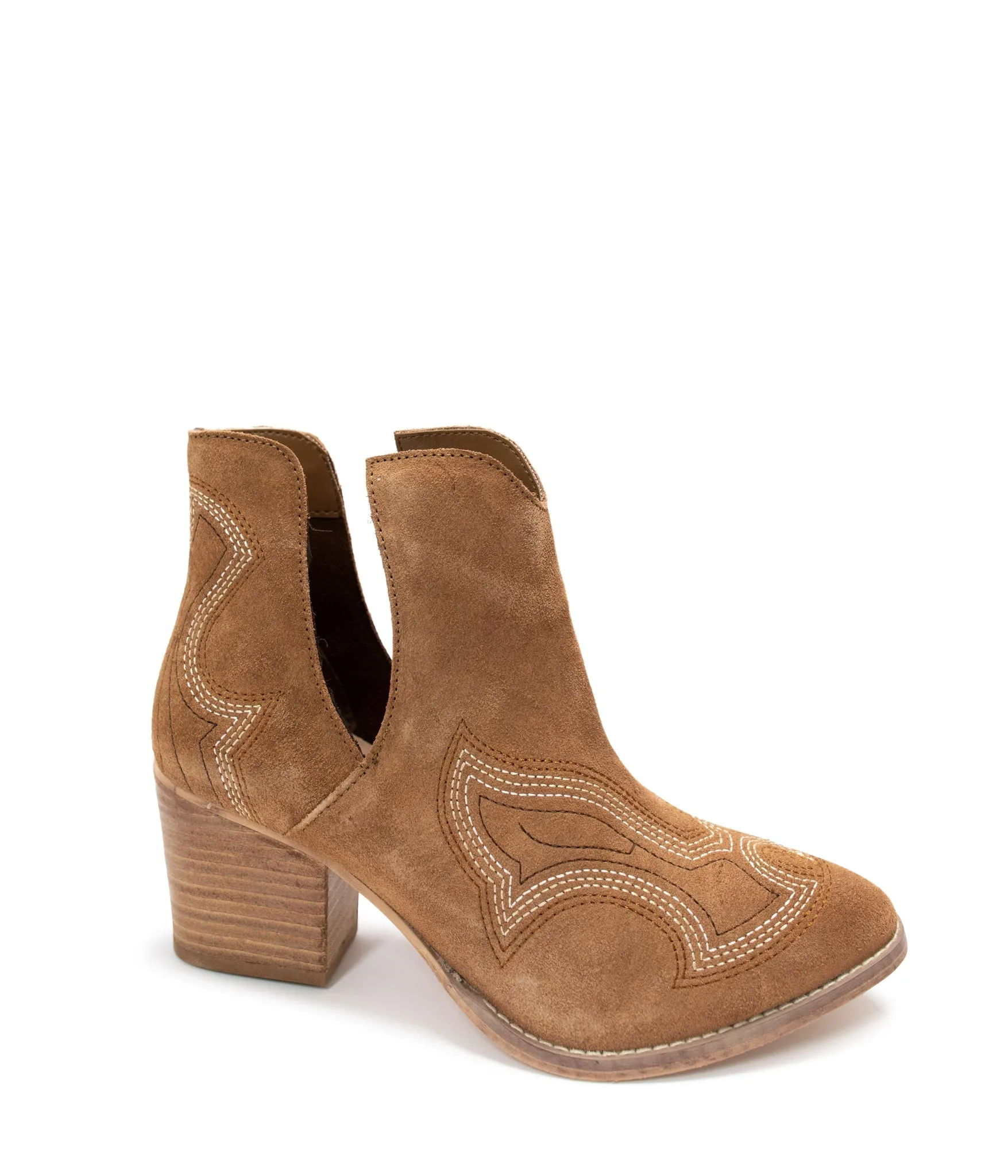 Journee Suede Ankle Boots - Tan, Western Stitching, Cutout Design