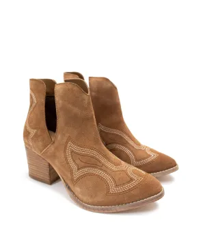 Journee Suede Ankle Boots - Tan, Western Stitching, Cutout Design