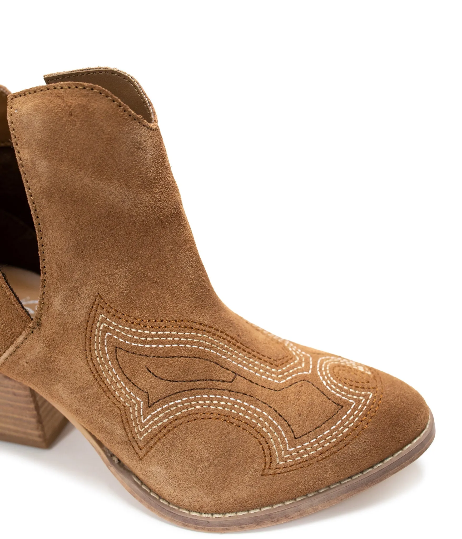 Journee Suede Ankle Boots - Tan, Western Stitching, Cutout Design