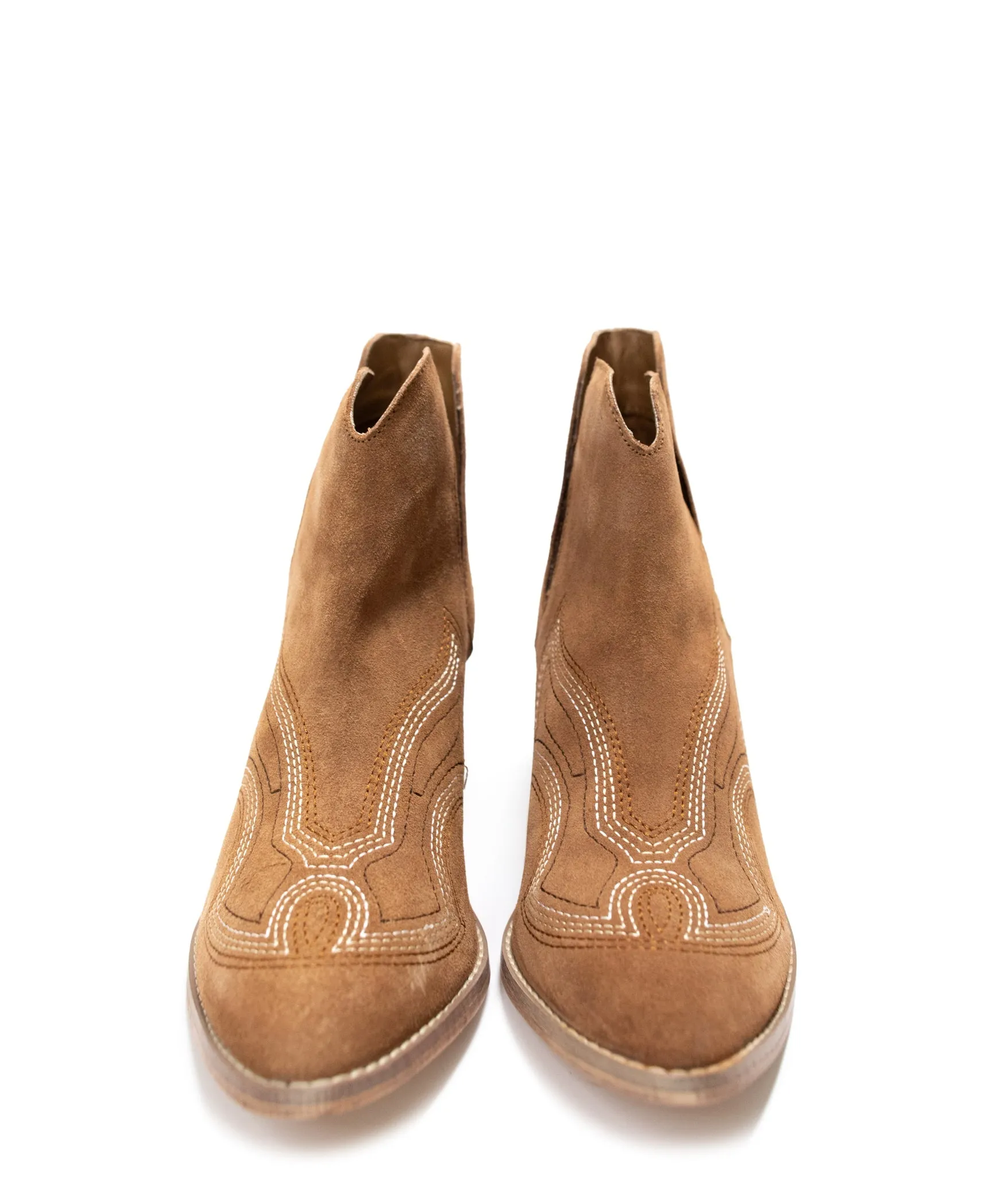 Journee Suede Ankle Boots - Tan, Western Stitching, Cutout Design
