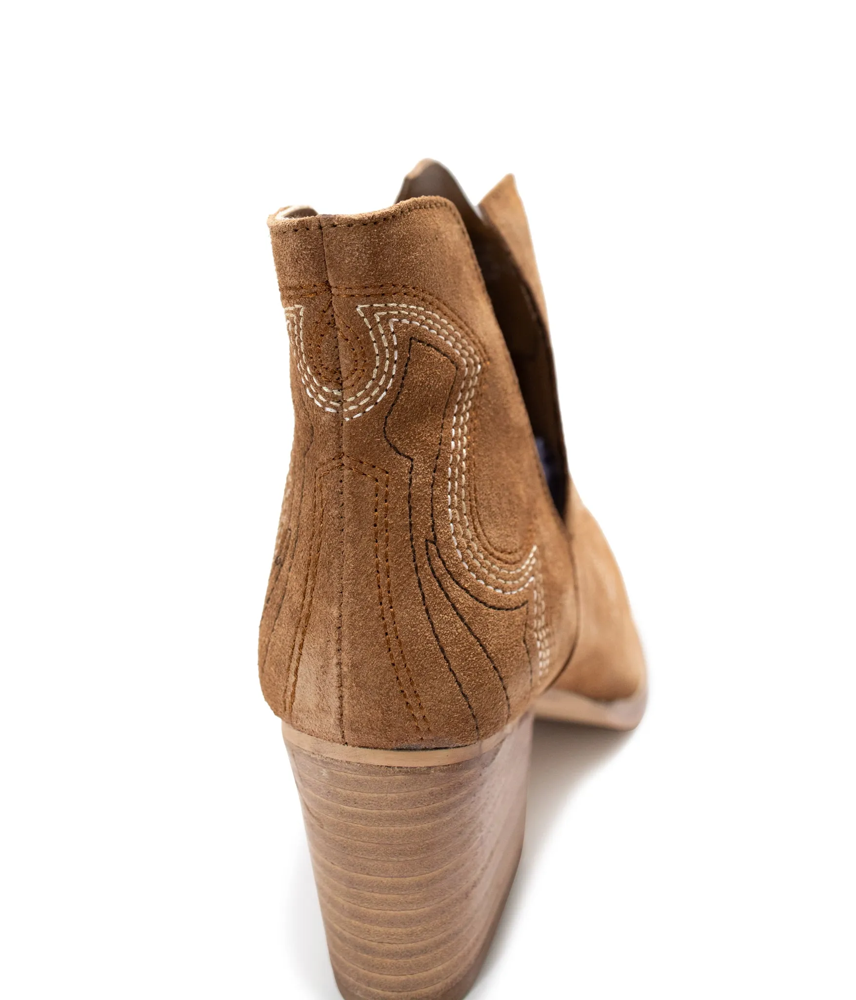Journee Suede Ankle Boots - Tan, Western Stitching, Cutout Design
