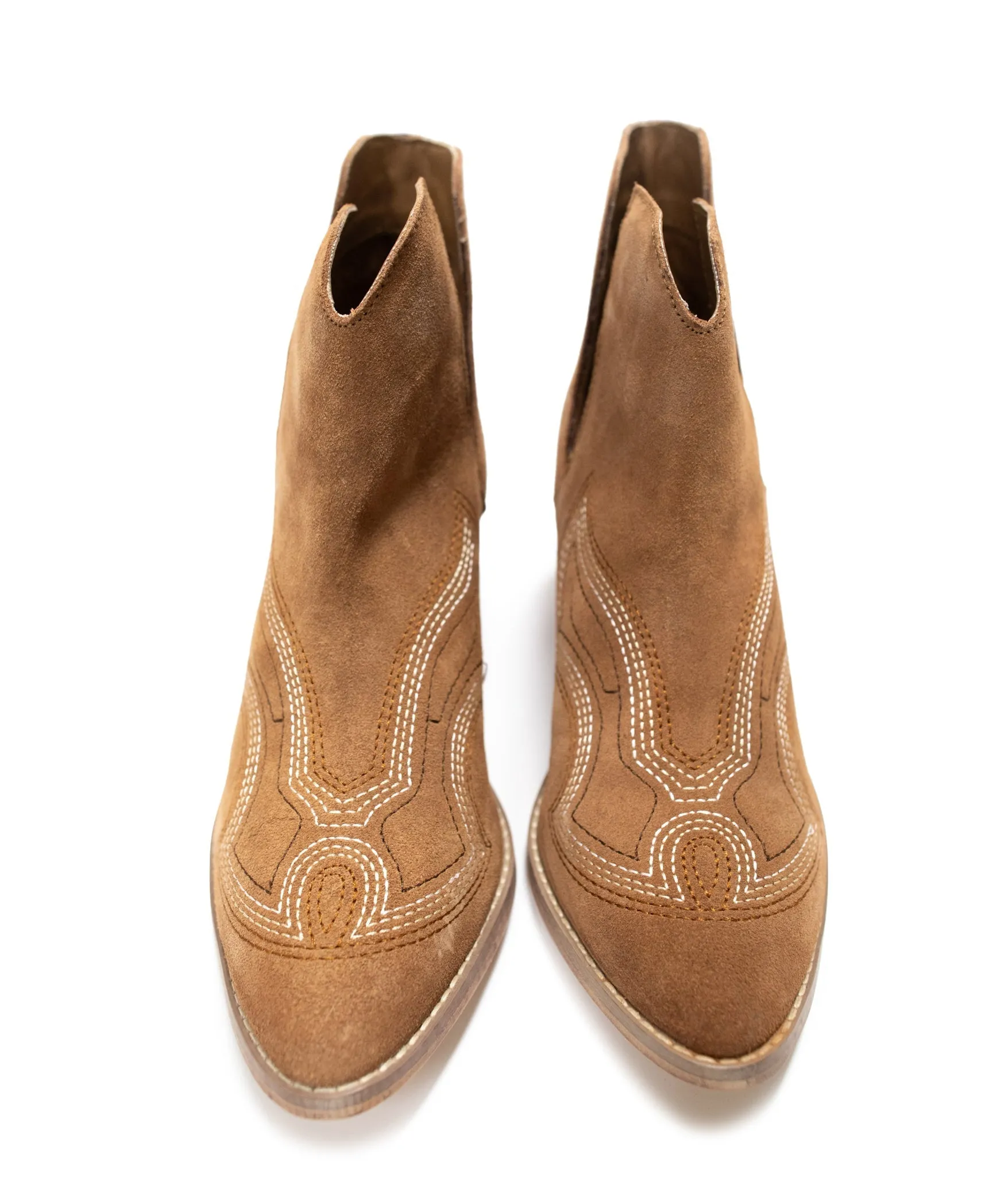 Journee Suede Ankle Boots - Tan, Western Stitching, Cutout Design