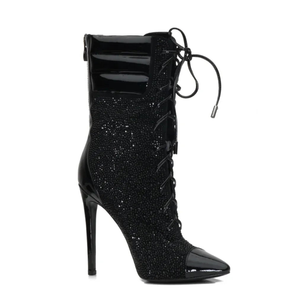 Lace-Up High-Heeled Diamond Ankle Boots