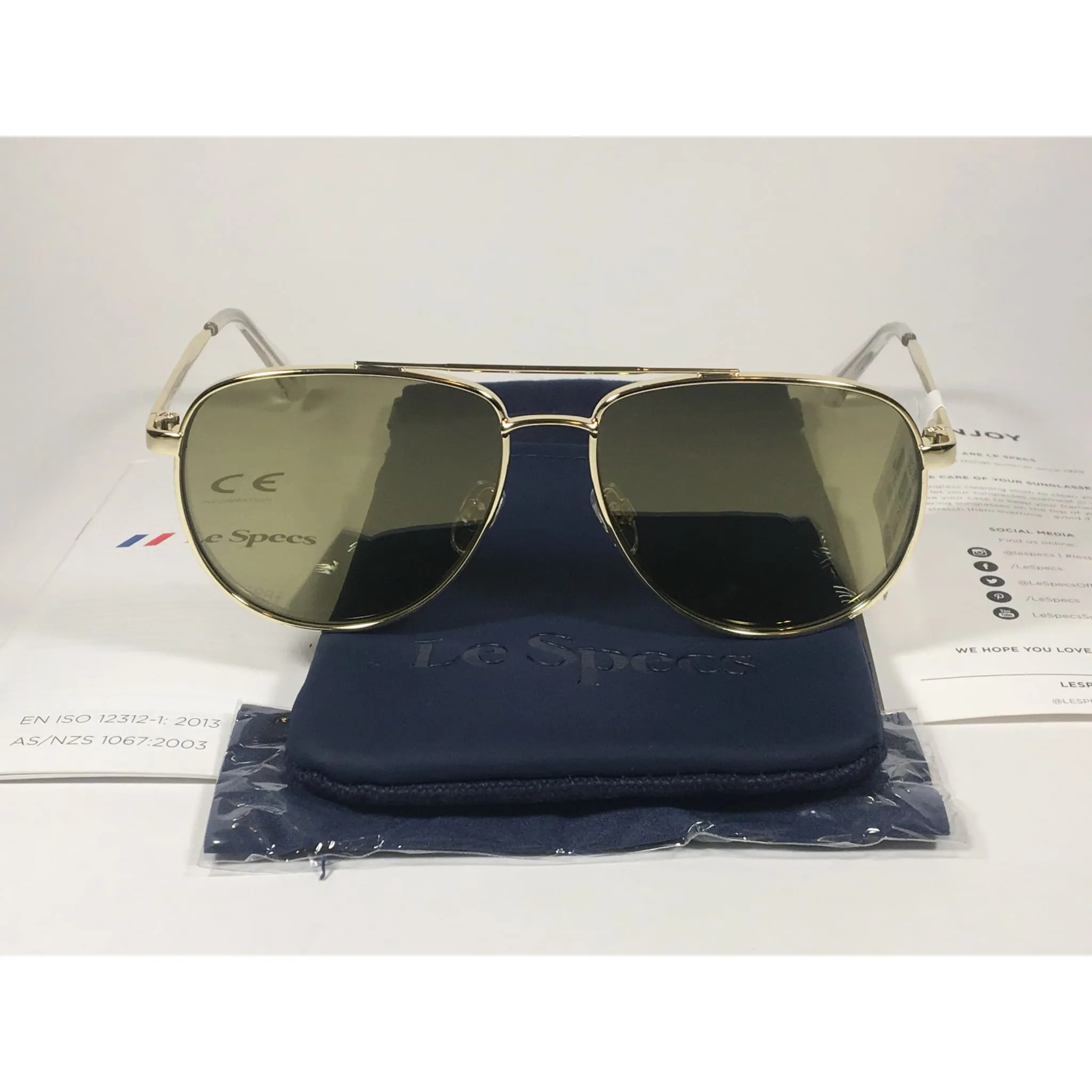 Le Specs Hard Knock Aviator Pilot Sunglasses Bright Gold Metal Frame Khaki Flash Green Lens LSP1802186
