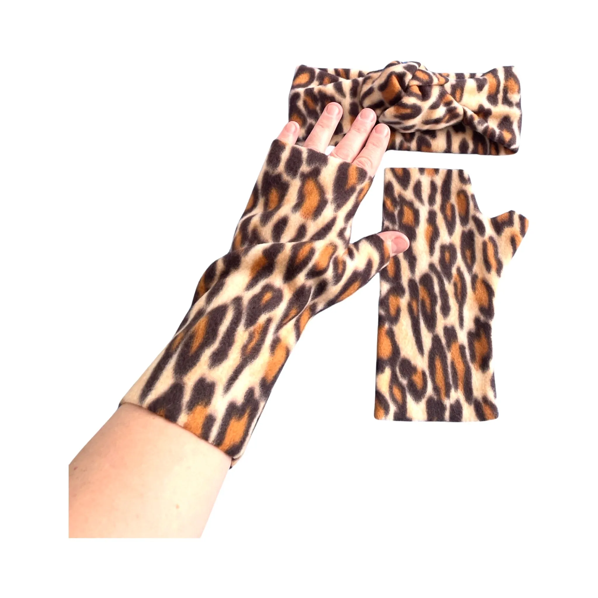 Leopard fingerless gloves and ear warmer set for women