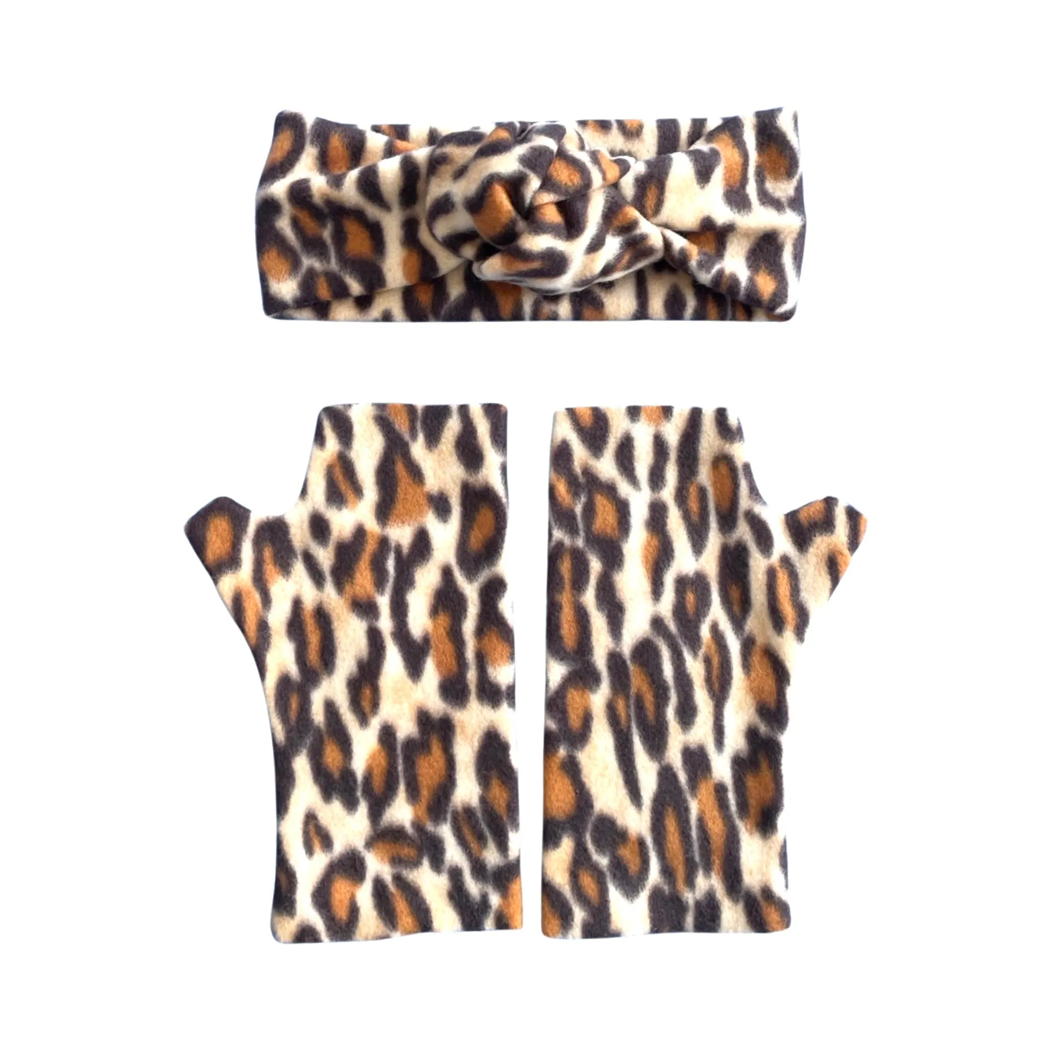 Leopard fingerless gloves and ear warmer set for women
