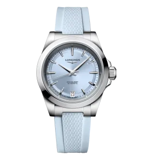 Longines Conquest 34mm Watch with Baby Blue Rubber Strap