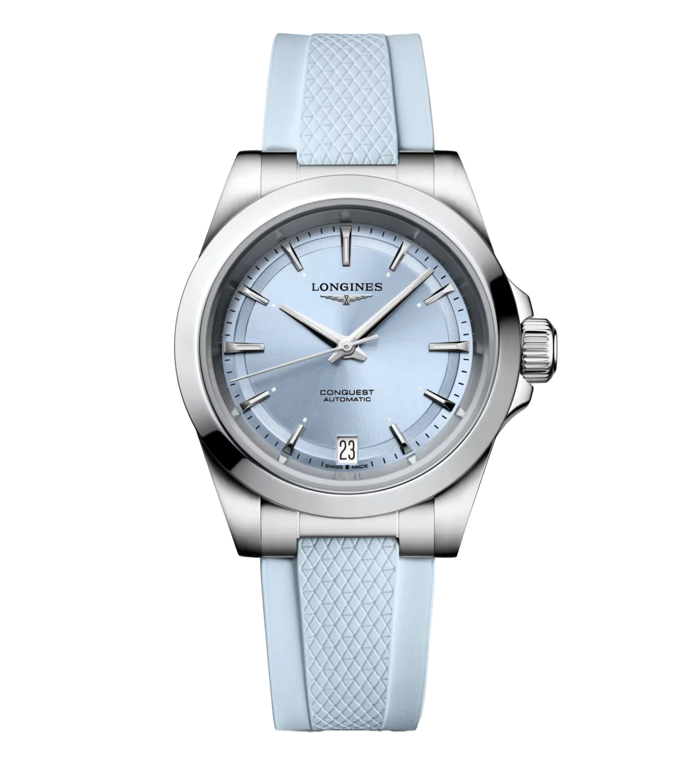Longines Conquest 34mm Watch with Baby Blue Rubber Strap
